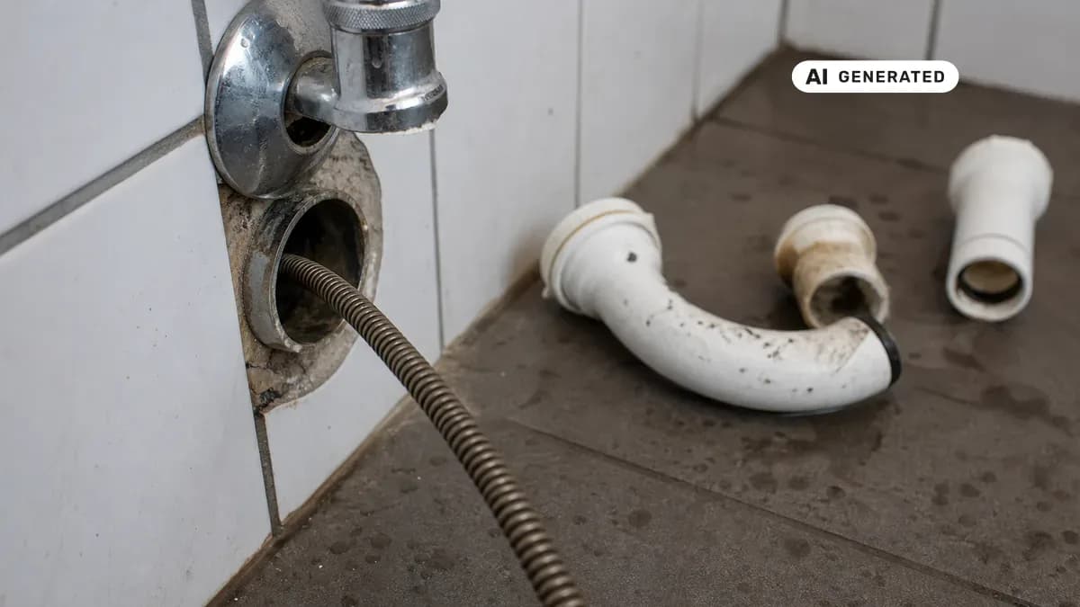 KI-generiertes Bild: Handwerker führt eine Rohrreinigungsspirale in ein Abflussrohr an einer Wand ein, im Hintergrund ein geöffneter Siphon