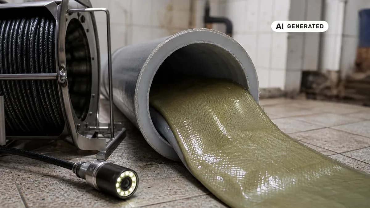 KI-generiertes Bild: Techniker zieht einen harzgetränkten Schlauchliner in ein Abwasserrohr ein – grabenlose Sanierung ohne Aufgraben