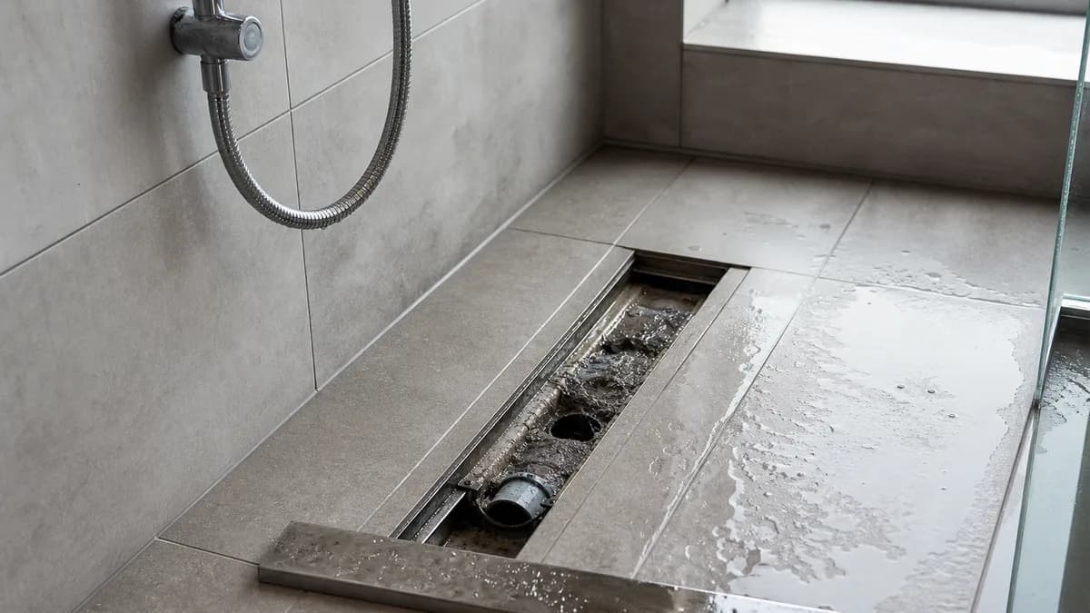 Bodengleiche ebenerdige Dusche mit abgenommenem Abflussrost und freiliegendem Siphon-Einsatz während der Reinigung