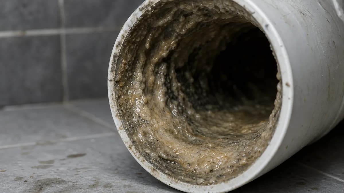 Querschnitt eines Abflussrohrs mit sichtbaren Fettablagerungen an den Innenwänden