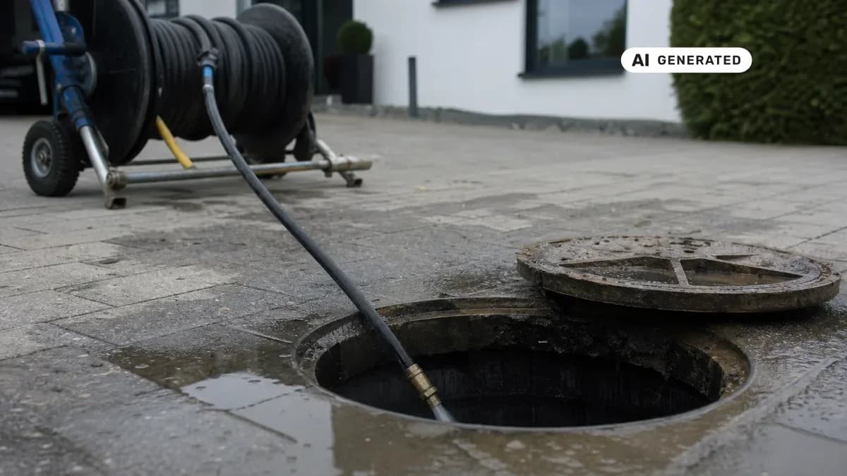 KI-generiertes Bild: Techniker schiebt einen Schlauch für die Hochdruckspülung in einen offenen Revisionsschacht vor einem Einfamilienhaus