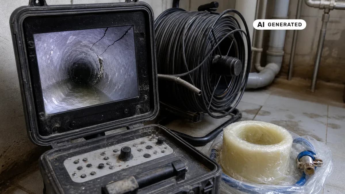 KI-generiertes Bild: Monitor einer Kanalkamera zeigt das Innere eines Abwasserrohrs mit erkennbarem Riss, daneben die Sanierungstechnik für das grabenlose Liner-Verfahren