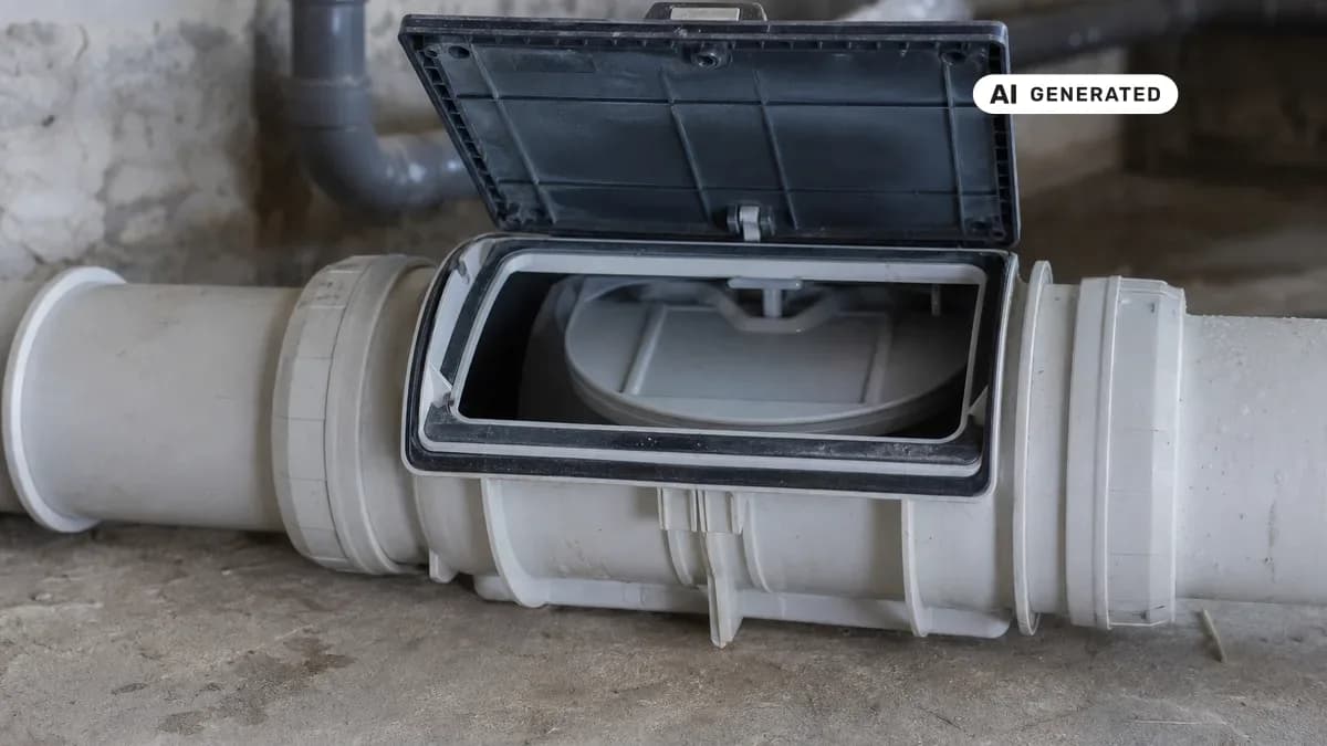 KI-generiertes Bild: Eingebaute Rückstauklappe in einer liegenden Abwasserleitung im Keller, geöffneter Revisionsdeckel mit sichtbarer Verschlussklappe