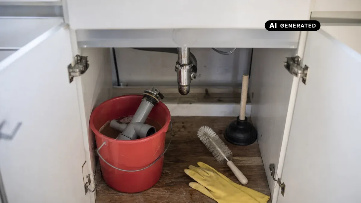 KI-generiertes Bild: Person mit Gummihandschuhen löst einen Kunststoff-Siphon unter einer Küchenspüle, darunter steht ein Eimer, daneben liegen Flaschenbürste und Saugglocke