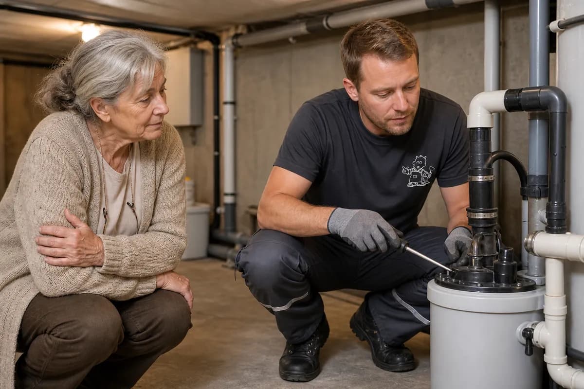 Techniker wartet Hebeanlage im Keller des Kunden
