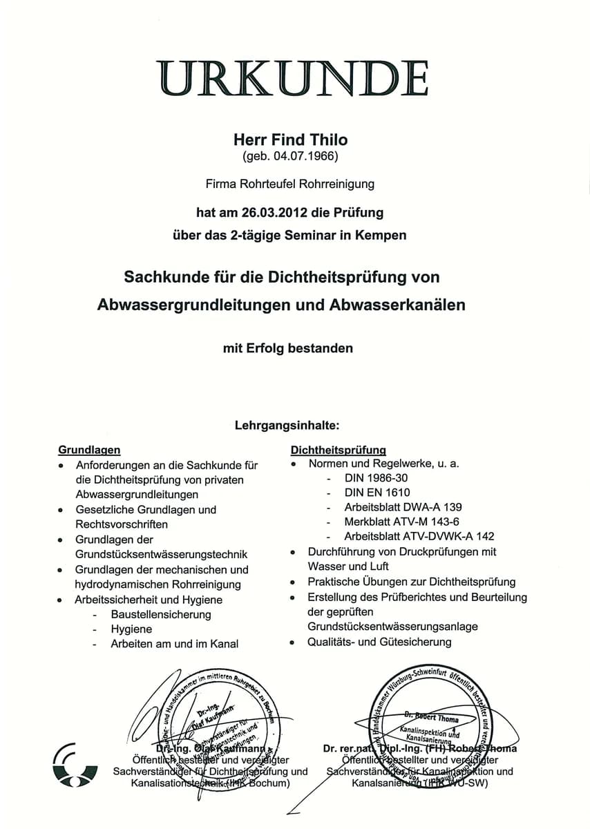 Sachkundenachweis Dichtheitsprüfung – Thilo Find