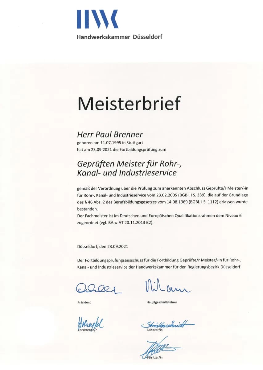 Meisterbrief von Paul Brenner